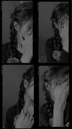 four pictures of a woman with her hands on her face and the other side of her head