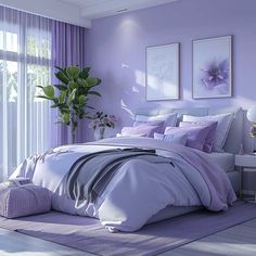 a bedroom with purple walls and white bedding