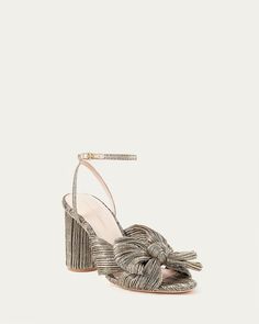 Shop the Camellia pleated knot heeled sandal in gold lam at Loefflerrandall at Loefflerrandall.com. Wrap Sandals, Metallic Heels, Bow Heels, Silver Bow, Platform Sandals Heels, Heeled Sandal, Metallic Fabric, Floral Color, Dark Gold