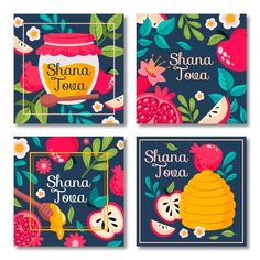 four cards with different types of fruit and honey on them, one is for shana toka