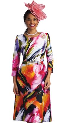 Introducing the latest addition to our dress collection, the Lily And Taylor 4823 Ladies Church Dress. Crafted for the woman who appreciates both style and comfort, this exquisite piece is perfect for church services, weddings, and other special occasions. The vibrant floral print is designed to make a bold statement, ensuring you stand out with elegance and grace. Attention to detail is evident in the beautiful brooch accent positioned at the waistline, which adds a touch of sophistication to t Splendid Dress, Church Attire, Sunday Church, Church Dress, Church Suits, Church Dresses, Dress Hats, Three Quarter Sleeves, Knee Length Dress