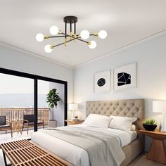 a bedroom with a large bed and balcony overlooking the ocean is shown in this rendering