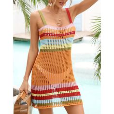 Orange Knitted Hollw-out Sleeveless Contrast Beach Cover Crochet Beach Dress, Hippie Top, Rainbow Fashion, Mini Sundress, Backless Top, Swimwear Cover, Cover Up Dress, Swimsuit Cover, Rainbow Stripes