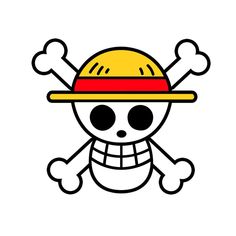 a cartoon skull wearing a hat with bones on it's head and one eye open