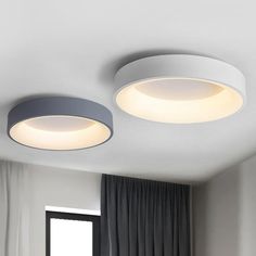 two circular lights are hanging from the ceiling