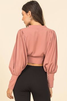 100% polyester Model is 5' 8", 32' chest, 24' waist and 34' hips and wearing a size small. Available in black or pink. Mauve Blouse, Soft Fits, Small Crop Tops, Mock Neck Top, Neck Crop Top, Cute Everyday Outfits, Green Satin, Tie Top, Crop Blouse