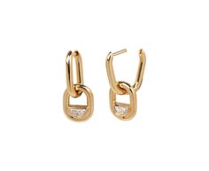 With a geometric sparkle and subtle movement, these State Property earrings can be worn by absolutely anyone. The 18K yellow gold huggie hoops connect to 18K yellow gold latch backs. An 18K yellow gold drop is set with a half moon diamond for the perfect amount of heavy gold and subtle shimmer. Remove the drops for a simple pair of huggies! total length : 7/8"18K yellow gold hoop dimensions : just under 1/2" x 1/4"18K yellow gold and diamond drops : 1/2" x 3/8"diamonds : 3mm x 5mm each : .23cttw Yellow Gold Drop Earrings With Hooks And Links, Yellow Gold Drop Earrings With Hooks, Modern Gold Huggie Diamond Earrings, Modern Yellow Gold Earrings With Hooks And Links, Modern Yellow Gold Diamond Earrings Tarnish Resistant, Modern Yellow Gold Earrings With Gold-tone Hardware, Modern Yellow Gold Huggie Diamond Earrings, Half Moon Diamond, Daniela Villegas