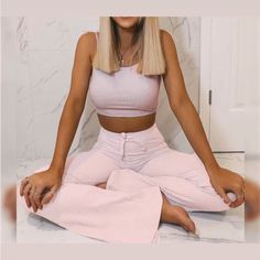 Women’s Two Piece Pink Flare Leg Sheer Pajamas Active Wear Sets, Womens Active Wear, Exercise Outfits, Workout Short, 70s Women, Bell Pants, Legging Sport, Sport Bra Top, Sporty And Rich