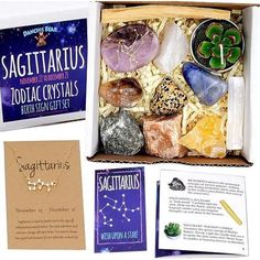 the sagittarius zodiac crystal kit includes astrologicals, crystals and cards