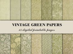 vintage green paper pack with floral patterns and text that reads,'13 digital printable papers