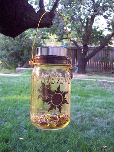 a mason jar hanging from a tree branch