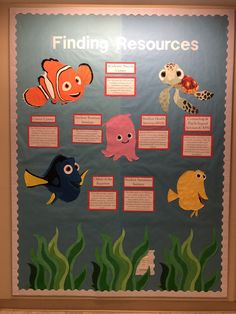 a bulletin board with fish and marine life on it's sides, labeled finding resources