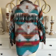 L.I.F.E. Native American Print Thick Shirt Jacket With Fringe Size Large. Fits More Like A Medium/Large In Excellent Pre Loved Condition, Washed But Never Worn. Looks Like A Wool Blend But Is A Soft Polyester Smoke Free Home Orange Bohemian Outerwear For Fall, Orange Bohemian Fall Outerwear, Multicolor Tops With Pockets For Fall, Native American Print, Life Jacket, Women Life, Blue Orange, Shirt Jacket, Nativity