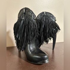 Pink Pony Club Vibes, But With A Little More Edge. These Adorable Country And Rock & Roll Crossover Booties Are Perfect For Your Next Night Out. Size 10 M, Kiana Black Leather Cowboy Fringe Studded Boot, Condition Is Pre Owned. 4.5” Heel With 3/4” Platform. Western Style Round Toe Party Heels, Western Party Boots With Fringe, Black Western Boots For Evening, Western Style Round Toe Heels For Party, Western Style Heels With Round Toe For Party, Western Style Leather Evening Boots, Western Style High Heel Boots For Evening, Cowboy Fringe, Club Vibes