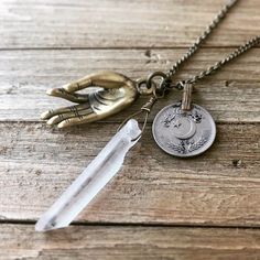 Pocket Knife Necklace, Gyan Mudra, Zen Jewelry, Double Horn Necklace, Symbol Of Peace, Yoga Necklace, Talisman Jewelry, Raw Quartz Crystal, Talisman Necklace