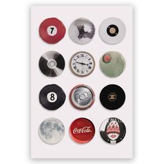 a collection of coca - cola buttons are shown in this image, with the number one on each button