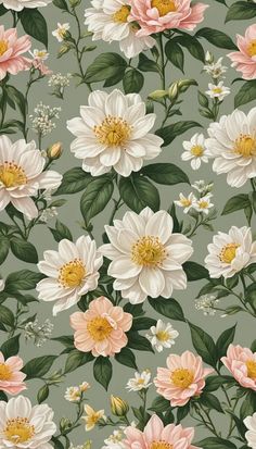 a floral wallpaper with pink, white and yellow flowers on grey background in full bloom