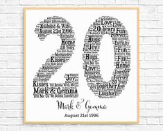 an anniversary print with the number twenty in black and white, on a brick wall