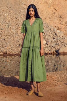 Khadi Cooton Dress Khadi Dresses, Sap Green, Sundress Season, Goddess Gown, Cotton One Piece, Sustainable Clothing Brands, Tent Dress, Tiered Midi Dress, Indian Fashion Designers