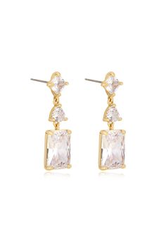 18kt gold plated brass CZ 1.4" x 0.4" Classic Gold Cubic Zirconia Earrings, Gold Cubic Zirconia Crystal Earrings For Formal Occasions, Classic Gold Crystal Earrings With Cubic Zirconia, Formal Gold Crystal Earrings With Cubic Zirconia, Gold-tone Plated Earrings For Anniversary, Formal Gold Plated Dangle Crystal Earrings, Formal Gold Cubic Zirconia Earrings, Formal Plated Cubic Zirconia Earrings, Anniversary Gold-tone Plated Earrings