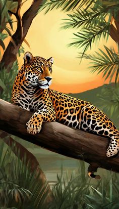 a painting of a leopard resting on a tree branch