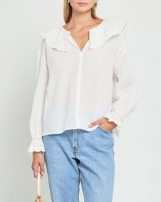 Product Details The Kalliope Top features a peasant sleeve with a delicate ruffle and a ruffled collar accented with lace detailing. The front button at the neck allows for versatile styling options, while the breezy fabric ensures comfort. Elevate your wardrobe with this feminine and versatile top. - Front button- Content: 100% Cotton Style# C23WTP06039 Fit Notes - Model wearing a size XS - Model measurements: 5'10'' Height / 32'' Bust / 24'' Waist / 34'' Hips- Garment measurements: Size Length Peasant Sleeve, Ruffled Collar, Cotton Top, Cotton Style, Cotton Tops, Model Measurements, Wardrobe, Collar, Lace