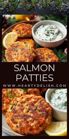 salmon patties with tartar sauce and lemon wedges