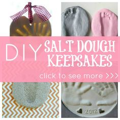 the words, diy salt dough keeps and pictures are shown above images of handprinted items