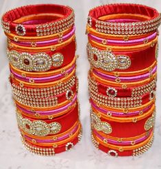 Silk Thread Bangles for  women Total Bangles 36 Color can be customized  Any query feel free contact us. Wedding,Sangeet,Haldi, All Function Pink Wedding Bracelets For Diwali, Pink Bracelets For Weddings And Festivals, Red Hand-set Bridal Sets As Gift, Red Hand Set Bridal Set As Gift, Traditional Red Hand Set Bridal Sets, Red Handmade Bollywood Bracelets, Red Hand Set Bangle For Party, Orange Bangle For Festivals, Festival Bangle For Marriage With Stone Work