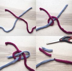 scissors and yarn are laying on the floor next to each other, with one pair of scissors in between them