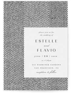 an elegant black and white wedding card with the words,'elenie and flavio '