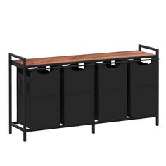 a black metal and wood storage unit with three bins