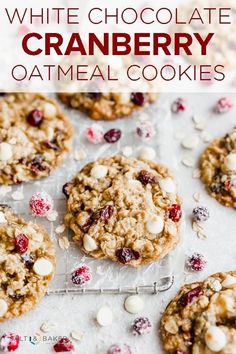 white chocolate cranberry oatmeal cookies on top of a baking sheet