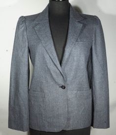 "This is a vintage Montaldo's original fashion designer single button smoky gray blue and navy blue houndstooth lined blazer jacket that has sharp and chic 1980's cut and tailoring. It has a flat chest pocket and two flat hip pockets too. We couldn't find a materials label for this chic jacket that feels like worsted wool on the exterior with a smooth synthetic interior lining and given the designer labels on this jacket, it is VERY likely a wool coat. This short waist coat really has superior c Retro Long Sleeve Houndstooth Blazer, Casual Fitted Houndstooth Blazer, Retro Houndstooth Blazer For Winter, Retro Houndstooth Winter Blazer, Retro Winter Houndstooth Blazer, Vintage Fitted Houndstooth Blazer, Retro Workwear Blazer With Welt Pockets, Fitted Vintage Houndstooth Blazer, Retro Blazer With Welt Pockets For Work