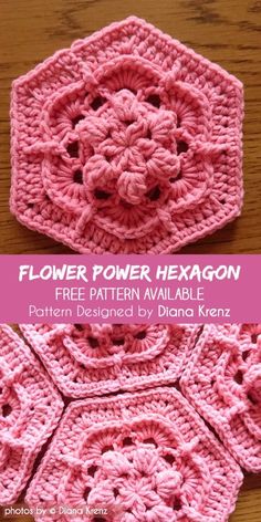 a pink crocheted flower is shown with the text, flower power hexagon free pattern available