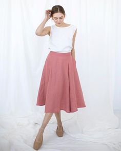 Pink Linen Skirt, Blush Midi Skirt, Linen ClothingD E S C R I P T I O N- Half-circle cut- An elastic waistband (medium high-waist)- Pockets in side seams- Midi lengthD E T A I L S- Name: LINDOS- Sizes: XS - XXL- Color: Mustard, Dusty peach, Salmon, Terracotta, Burgundy red, Cacao, Pine green, Chartreuse green, Milky white, Dusty Lavender, Light Grey, Mint, Sky blue, Blue, Deep blue, Striped grey, Grey, Charcoal grey, Black.- 100% European soft and washed linen fabric (weight 206 g/m² | 6.49 oz/y Pink Pleated Full Maxi Skirt, Feminine Summer Pleated Lined Skirt, Feminine Full Skirt With Pleated Hem, Feminine Pleated Skirt For Summer, Pink Pleated Summer Skirt, Pink Full Maxi Skirt For Summer, Summer Casual Pleated Culottes, Feminine Relaxed Pleated Skirt For Summer, Pink Pleated Flared Maxi Skirt