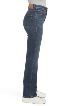 A high-rise silhouette and stretch-kissed denim lend all-season versatility to these slim-fitting straight-leg jeans. 17 1/2" leg opening; 12" front rise; 15" back rise Zip fly with button closure Five-pocket style 93.5% organic cotton, 5% recycled polyester, 1.5% elastane Machine wash, dry flat Made in Turkey Women's Clothing Casual Flare Jeans With Straight Silhouette, Straight Silhouette Denim Jeans For Spring, Spring Straight Silhouette Denim Jeans, Fitted Straight Silhouette Jeans, Chic Fitted Straight Flare Jeans, Denim Blue Straight Fit Flare Jeans For Fall, Straight Silhouette Denim Bottoms For Fall, Denim Bottoms With Straight Silhouette For Fall, Fitted Bottoms With Five Pockets And Straight Silhouette