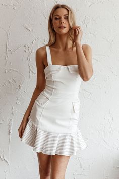 Shop the Riverside Ruffle Hem Mini Dress White | Selfie Leslie Tan Mules, Selfie Leslie, Brunch Date, Mini Dress White, Weekend Brunch, Iron Material, Clothing Tags, Hello Gorgeous, White Mini Dress