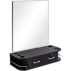 a black vanity with mirror and drawers on the bottom shelf for hairdrying or makeup