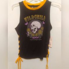 Size 3-5 Nwt Black/Yellow Sleeveless Shirt With Tie Up Sides Fitted, Neutral Colors, Spring Sleeveless Grunge Tank Top, Spring Grunge Sleeveless Tank Top, Sleeveless Stretch Grunge Top, Sleeveless Grunge Top For Summer, Grunge Style Tank Top Vest For Summer, Spring Grunge Sleeveless Top, Retro Graphic Print Sleeveless Tank Top, Vintage Tank Top For Spring Streetwear, Yellow Stretch Y2k Top