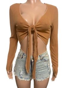 Sexy Dusty tan l/s tie front shrug top cover-up cardi new Y2K Cleavage Top Soft | eBay Casual Fitted Open Front Tops, Stretch Open Front Tops For Fall, Fitted Tied Crop Top, Fitted Wrap Shrug For Fall, Trendy Fitted Summer Shrug, Trendy Fitted Shrug For Summer, Long Sleeve Summer Shrug For Party, Fitted Trendy Shrug For Summer, Trendy Stretch Cardigan For Night Out