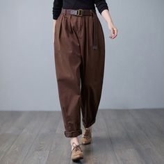 ★★ FEATURESCotton PantsNo liningElastic waistFront hidden zipper +button closureTwo side seam pockets Wide leg pantsPerfect for Spring, Autumn and winterWash only in cold water and do not expose to direct sunlight.★★ The model's height approx 165 cm (5′ 5″) with the 84 cm (33") bust, 66 cm (26") waist. She is wearing in the size XS.★★ Please select custom order according to the follow situationYour height is not between 155 cm- 172 cmYour weight is over 75 kg★★ Get your size in Size Chart with y Loosely Fitted Brown Harem Pants For Fall, Brown Harem Pants For Fall, Trendy Baggy Brown Pants, Brown Baggy Wide Leg Pants For Work, High-waist Cotton Harem Pants In Brown, High Waist Brown Cotton Harem Pants, High-waisted Brown Harem Pants For Fall, High Waist Brown Harem Pants For Fall, High-waisted Brown Harem Pants For Spring