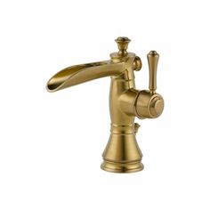 a golden faucet with no handles on a white background