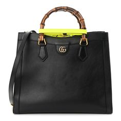 This is an authentic GUCCI Calfskin Medium Diana Tote Bag in Black and Yellow Fluo. This chic shoulder bag is crafted of black calfskin leather. The bag features a looping bamboo top handles, an optional shoulder strap, and gold hardware. The top opens to a beige fabric interior with zipper and patch pockets. Gucci Double Handle Satchel For Shopping, Gucci Satchel With Detachable Strap For Shopping, Gucci Black Bag With Bamboo Handle, Black Gucci Bag With Bamboo Handle, Gucci Satchel With Top Carry Handle For Shopping, Gucci Top Handle Shoulder Bag, Gucci Satchel With Detachable Strap And Double Handle, Gucci Leather Top Handle Bag, Gucci Satchel With Handle Drop For Shopping