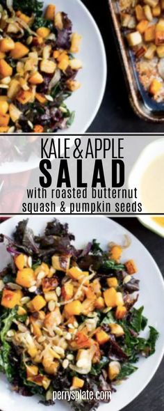 kale and apple salad with roasted butternut squash and pumpkin seeds on a white plate