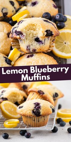 lemon blueberry muffins on a cooling rack with sliced lemons and blueberries