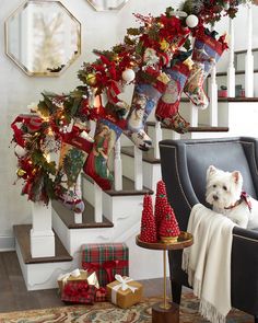 a dog is sitting on a chair in front of christmas stockings and presents under the banister