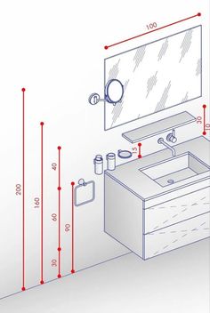 a drawing of a bathroom sink and mirror with measurements on the wall next to it