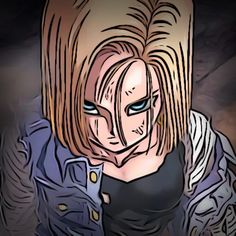 a drawing of a woman with blonde hair and blue eyes wearing a leather jacket, standing in front of a dark background