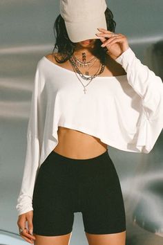 Relaxed Crop Long Sleeve - White – JOAH BROWN® Casual Off-shoulder Top For Loungewear, Oversized Off-shoulder Loungewear Top, White Stretch Long Sleeve Off-shoulder Top, White Stretch Off-shoulder Long Sleeve Top, Chic Long Sleeve Crop Top For Loungewear, Trendy Long Sleeve Top For Layering In Summer, Trendy Long Sleeve Top For Summer Layering, White Long Sleeve Off-shoulder Top For Fall, Chic Long Sleeve Crop Top With Relaxed Fit